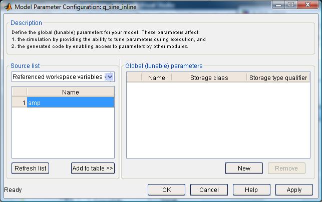 Model Parameter Configuration dialog