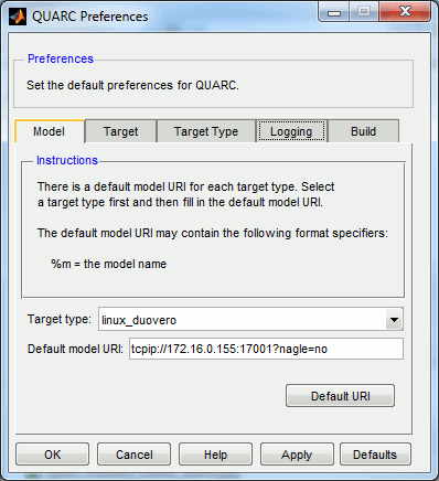 QUARC Preferences Dialog