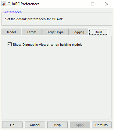 QUARC Preferences Dialog Build pane
