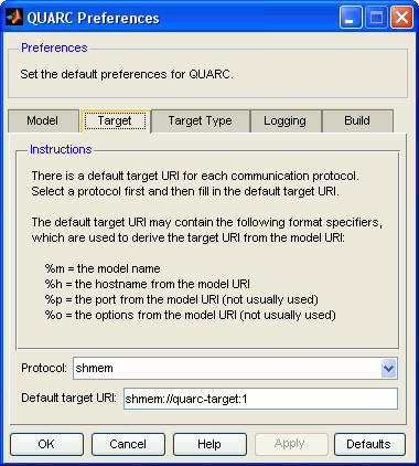 QUARC Preferences Dialog Target pane