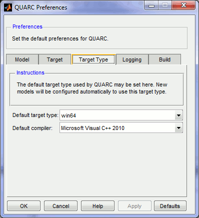 QUARC Preferences Dialog Target Type pane