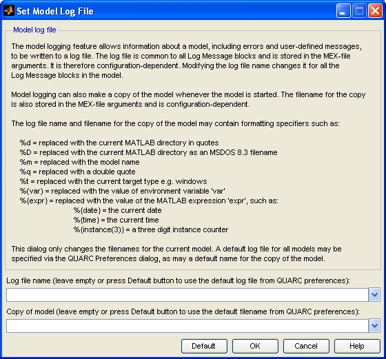 Set Model Log File dialog