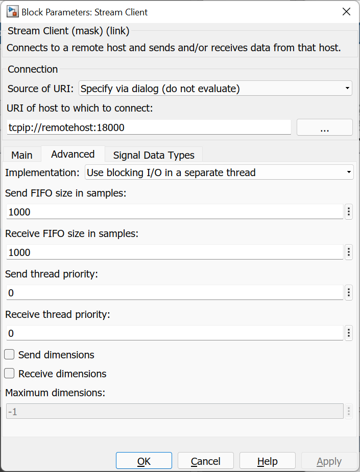 Advanced Parameters tab of Stream Client parameters dialog