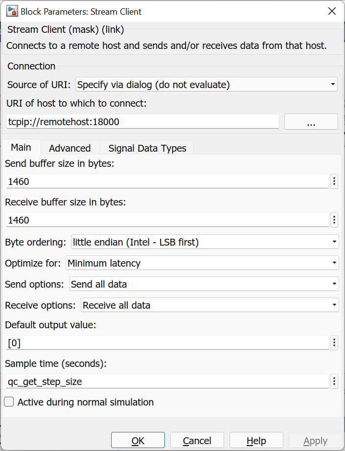 Main tab of Stream Client parameters dialog