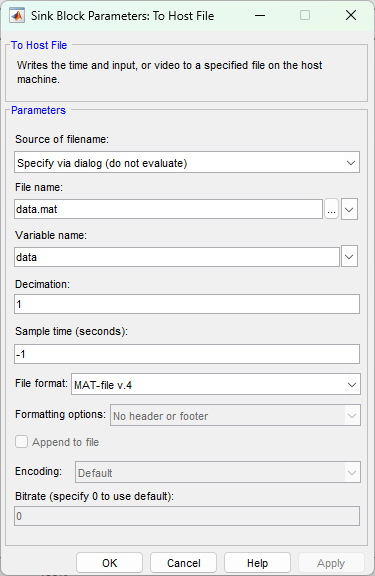 To Host File Block Parameters Dialog