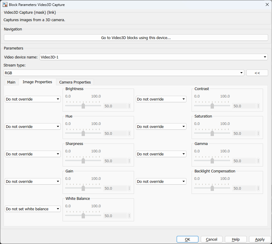 Video3D Capture Image Properties tab