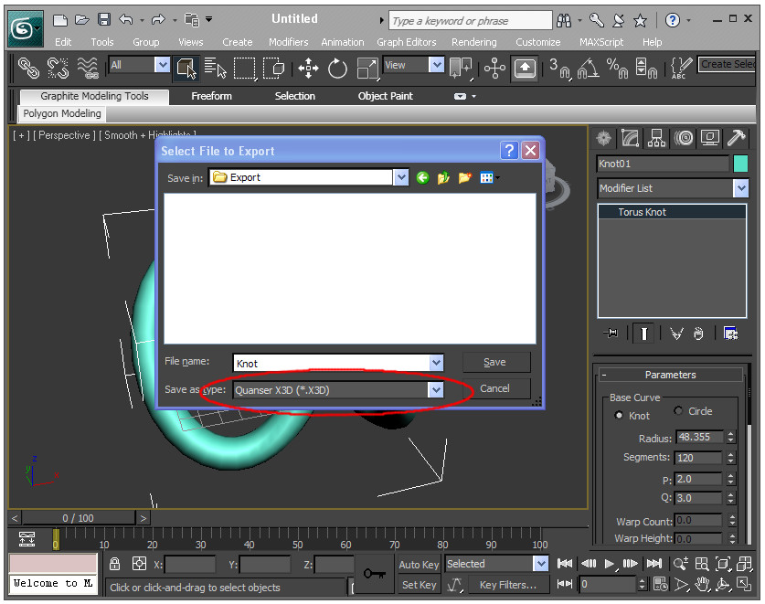 Select the Quanser X3D file type and enter a filename.