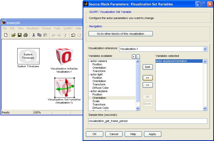 Adding the Set Variables block and selecting the actor.airplane orientation property