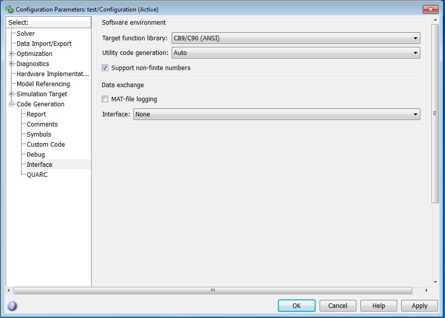 Configuration Parameters dialog with external mode disabled