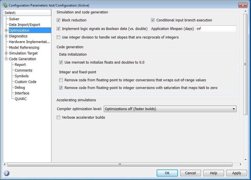 Optimization pane in Configuration Parameters dialog