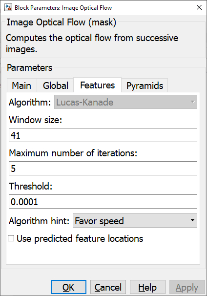 Image Optical Flow Features tab