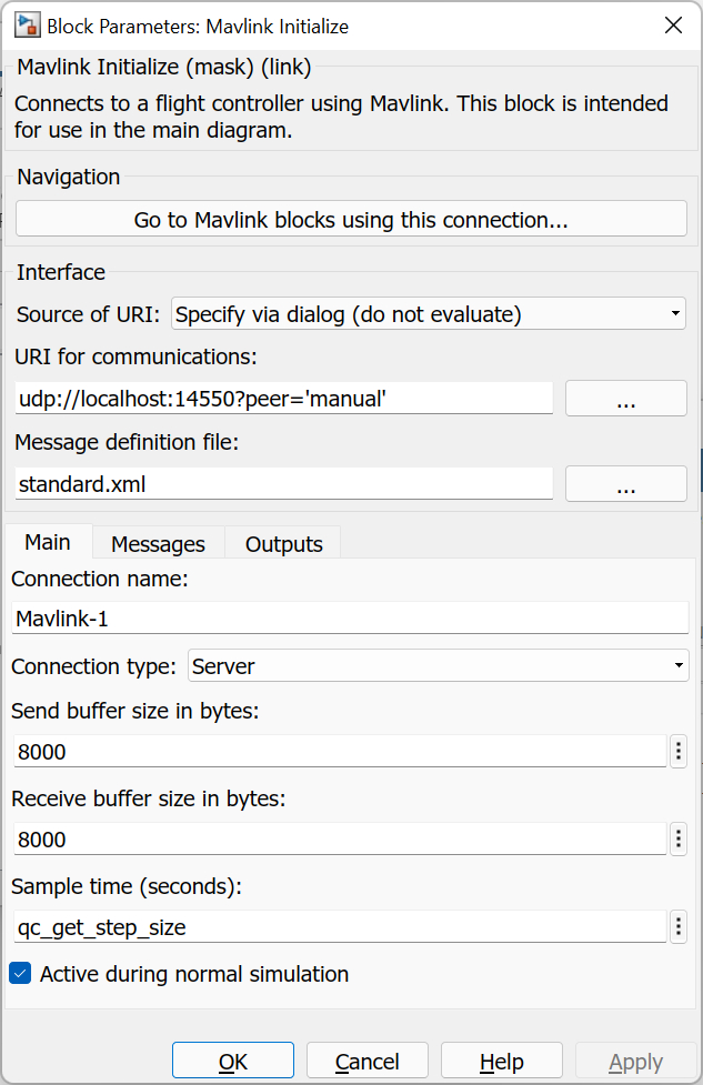 Mavlink Initialize Main tab