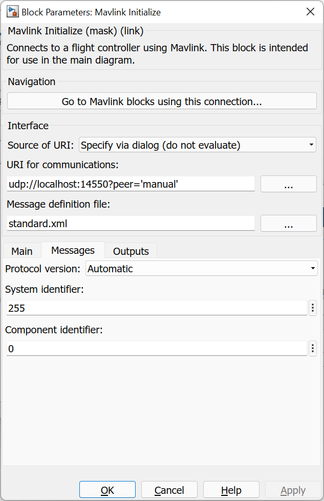 Mavlink Initialize Messages tab