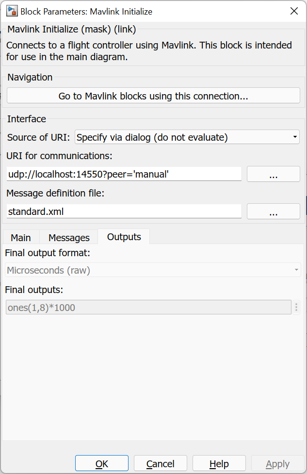 Mavlink Initialize Outputs tab