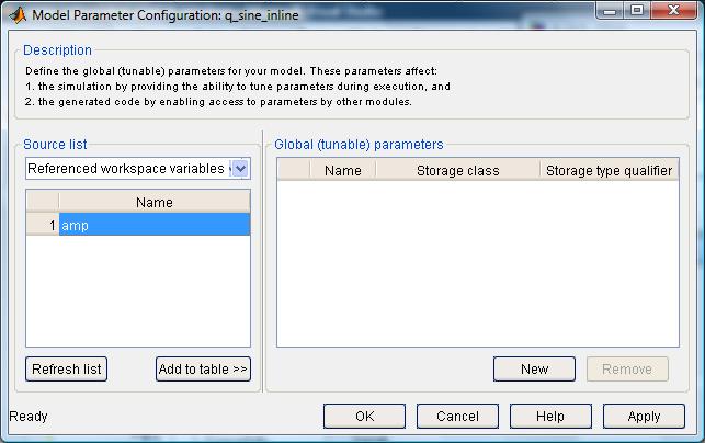 Model Parameter Configuration dialog