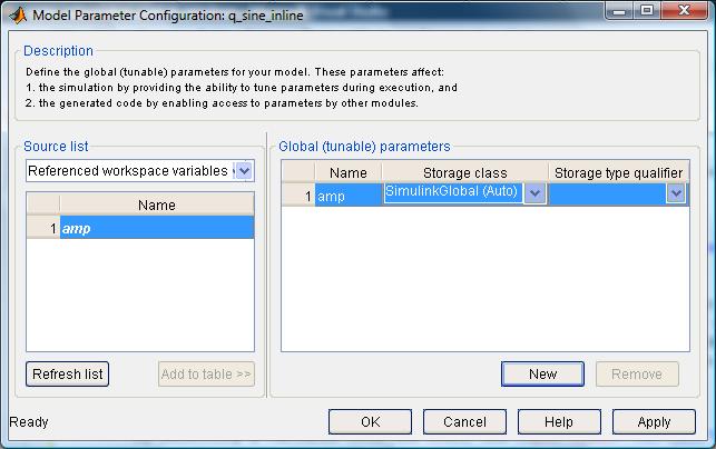 Model Parameter Configuration dialog with tunable parameter