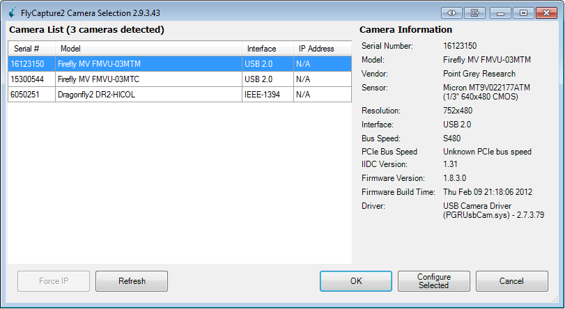 PGR FlyCap2 Camera Selection