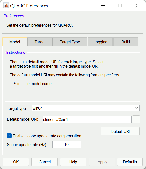 QUARC Preferences Dialog Model pane