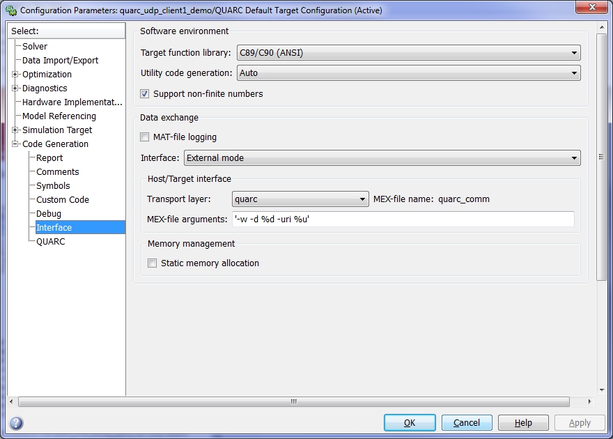 Client Configuration Parameters dialog