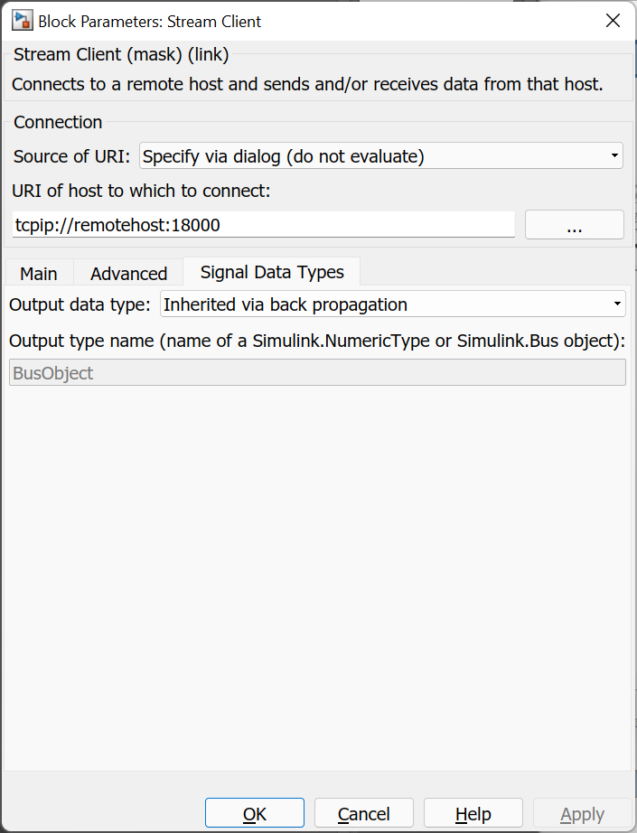 Signal Parameters tab of Stream Client parameters dialog