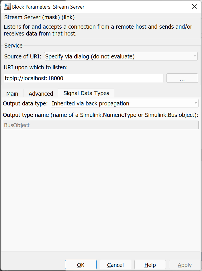 Signal Data Types tab of Stream Server parameters dialog