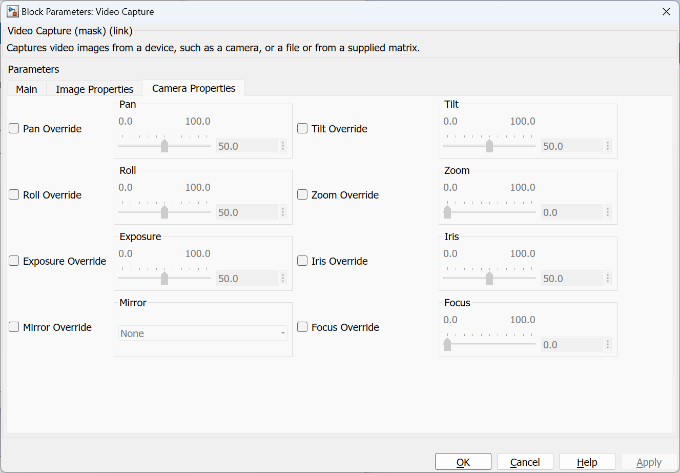 Video Capture Camera Properties tab