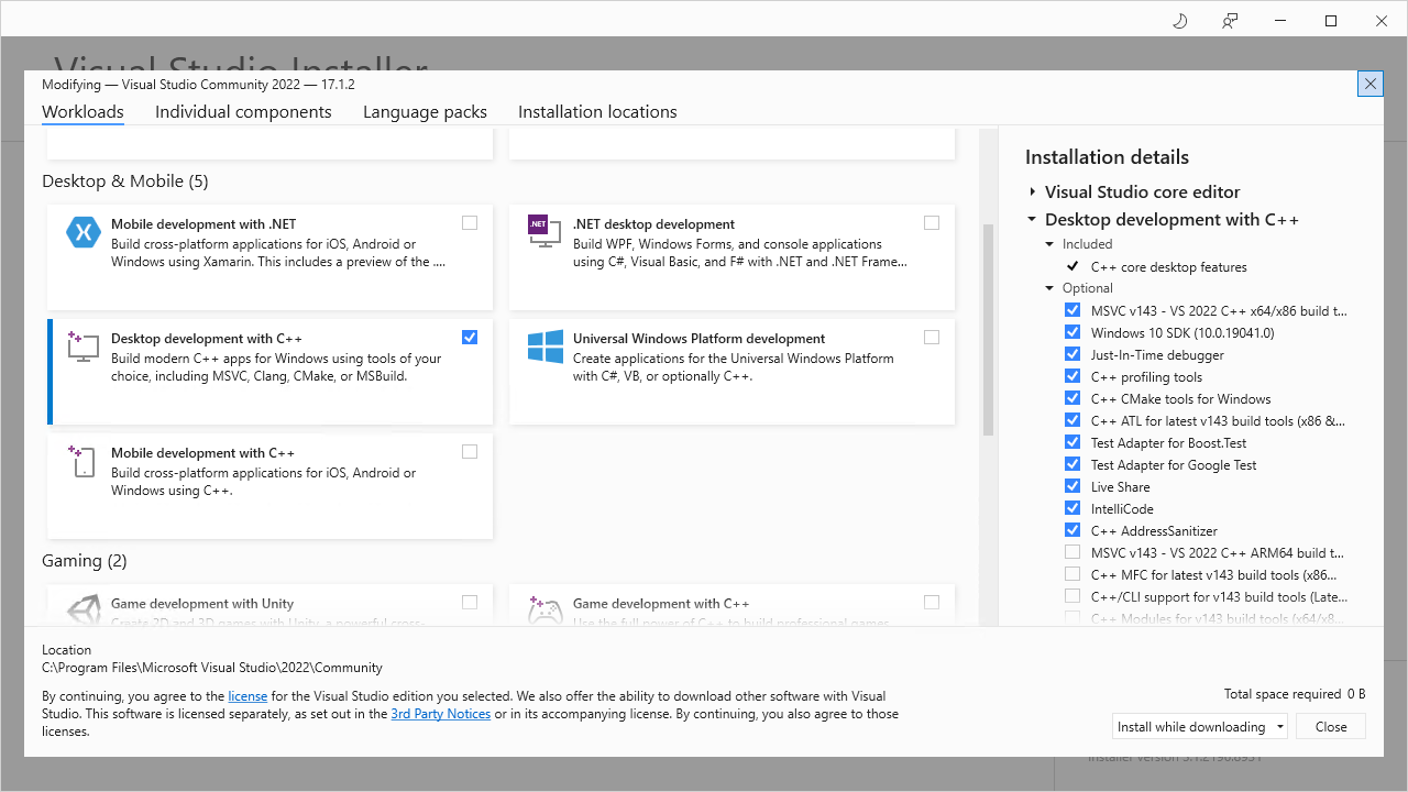 Visual Studio 2022 Community Edition Installer Options Page