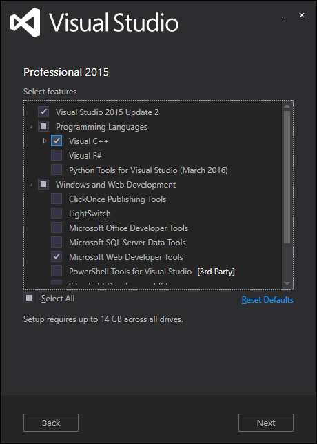 Visual Studio 2015 Professional Edition Installer Options Page