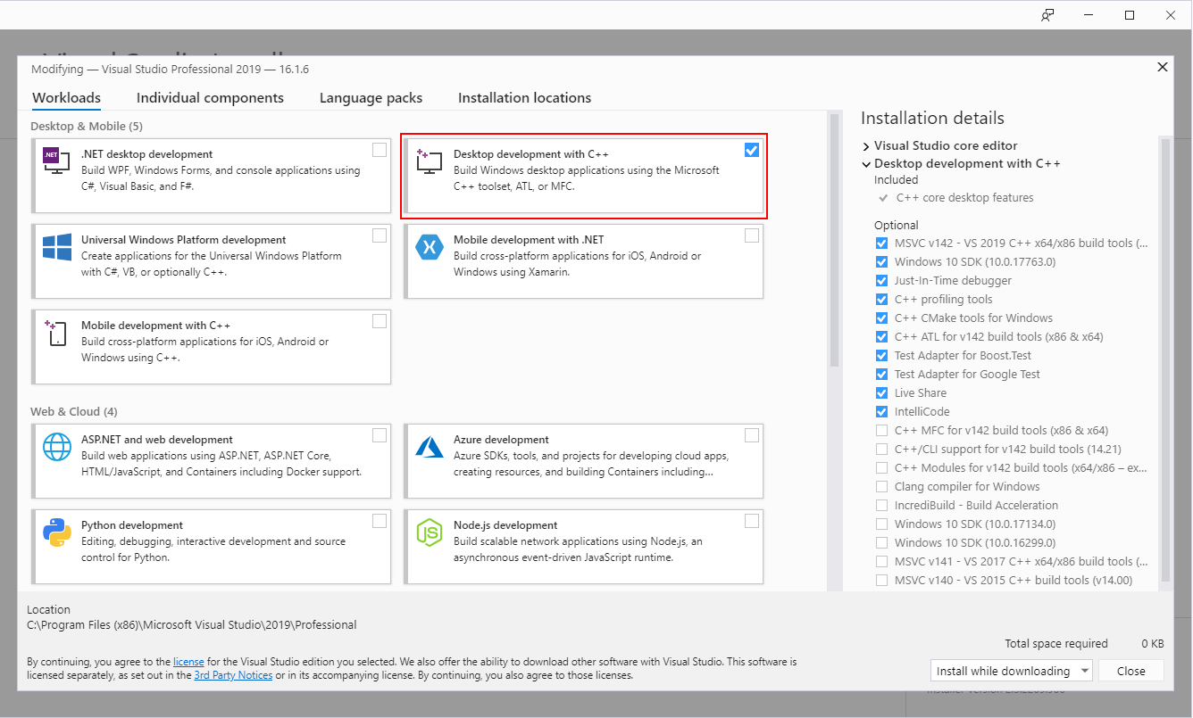 Visual Studio 2019 Professional Edition Installer Options Page