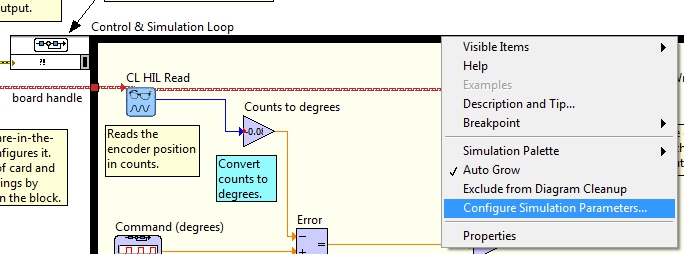 Configure Simulation Parameters menu